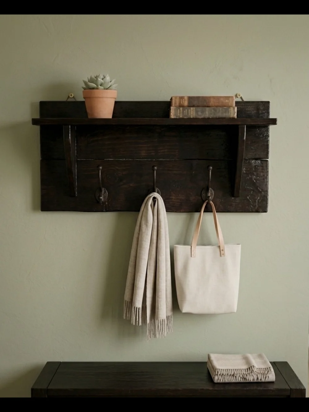 Rustic Dark Brown Wood Wall Shelf with Hooks - Home Wall Decor